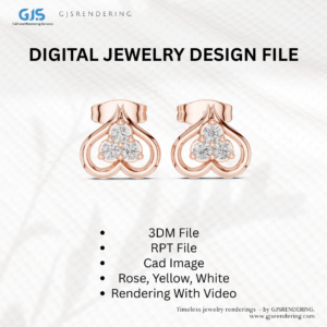 Ladies Earrings CAD Design Pack | 3DM + RPT + CAD Images (4 Views) | 3-Tone Rendering (Rose / White / Yellow Gold) | Jewellery Rendering Services