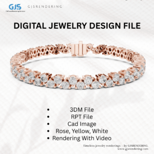 Bracelet CAD Rendering | 3DM + RPT + 4 View CAD Images | 3-Tone Gold (Rose/White/Yellow) | Digital Jewellery File